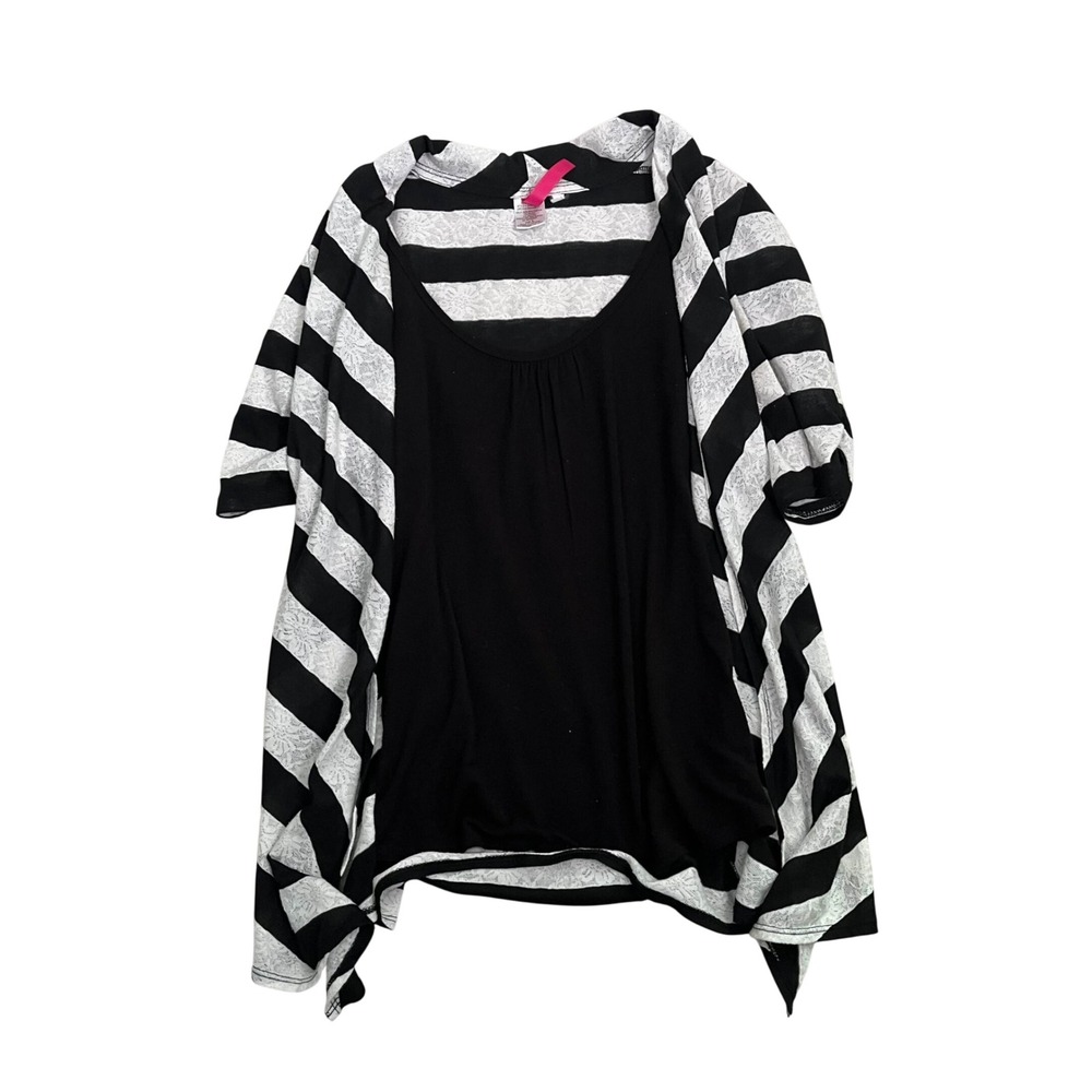 Y2K Black White Striped Open Front Cardigan Tunic Top Scene Emo Women's Size L - Picture 3 of 7